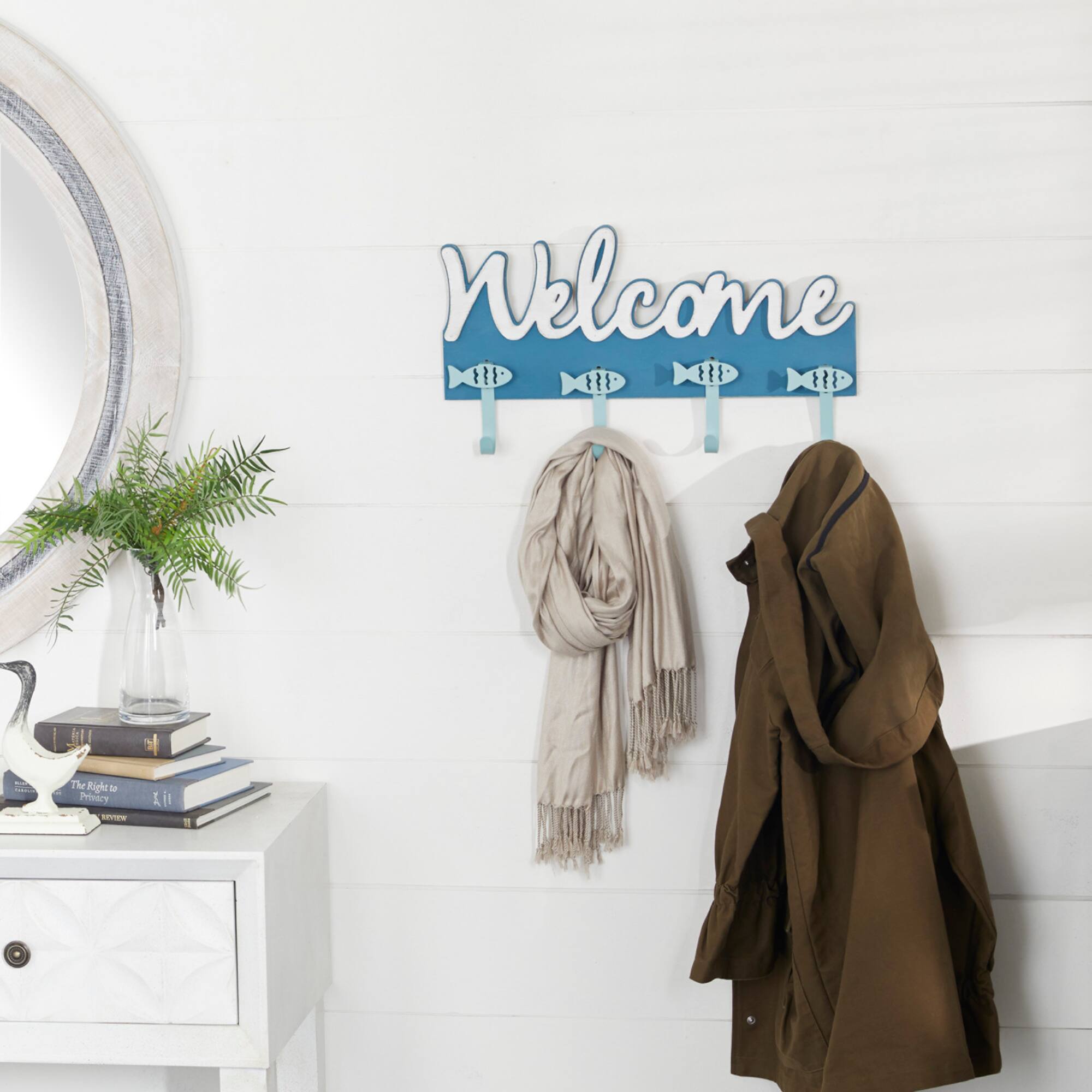 Blue Wood Coastal Wall Hook, 11" x 19" x 2"